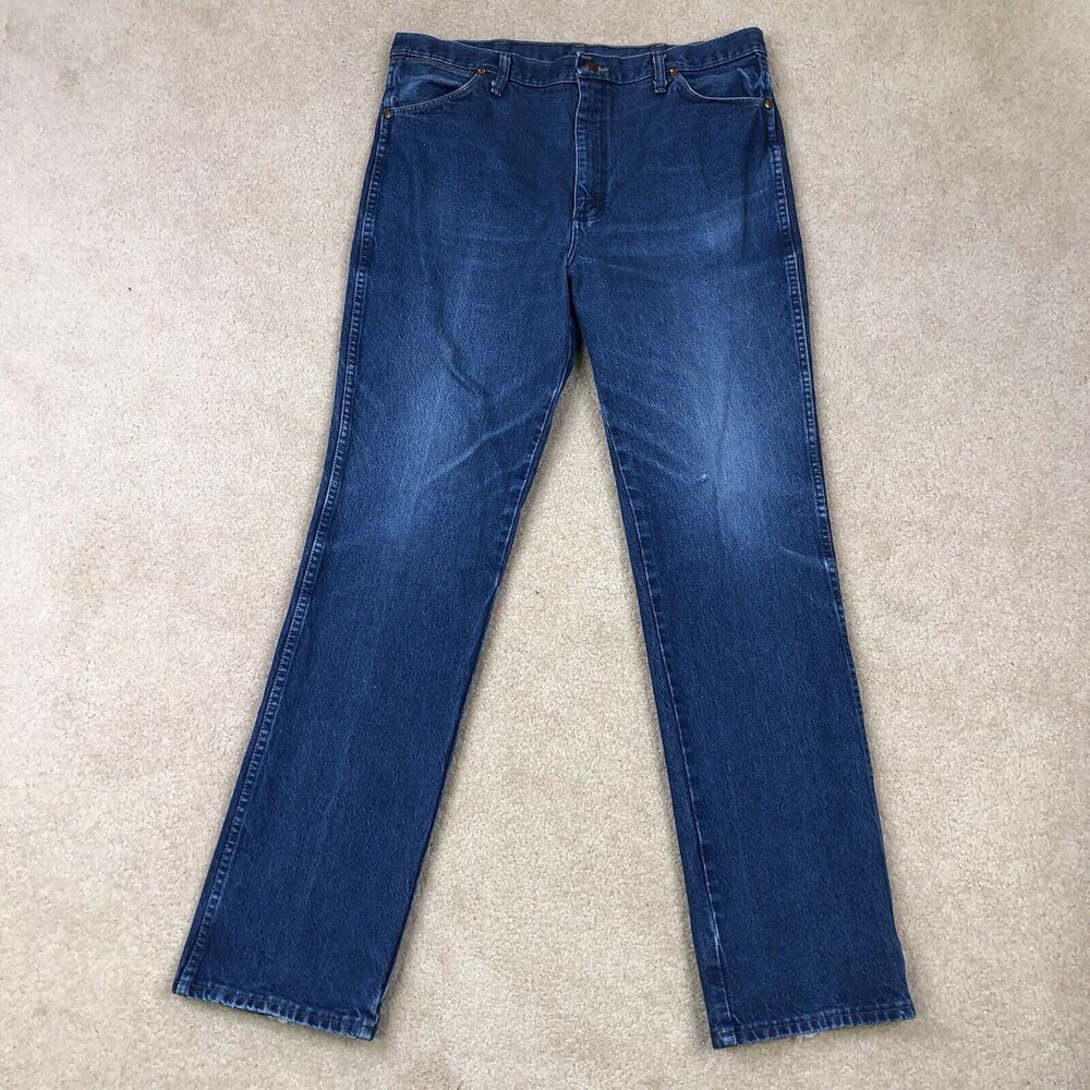 Men’s Wrangler Jeans Denim Size 38x36 Dark Wash Western Cowboy Cut Straight